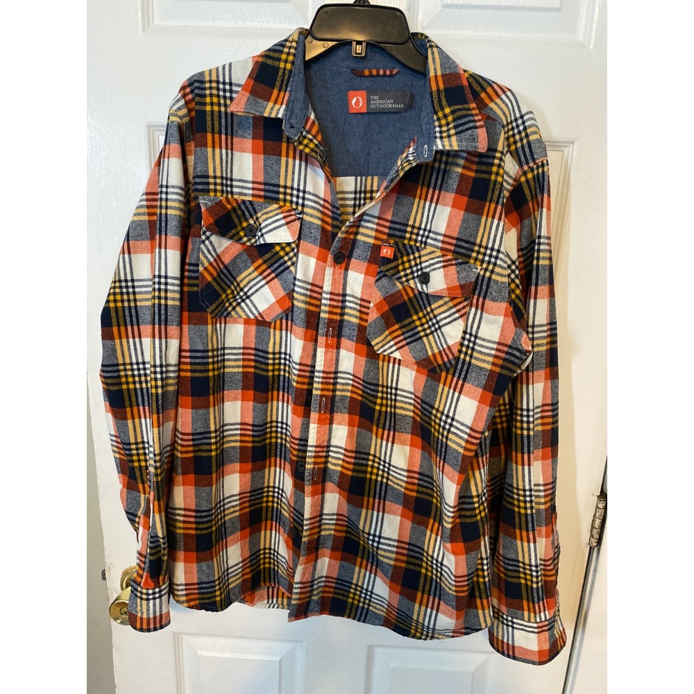 The American Outdoorsman Mens XL Flannel Shirt Plaid Long Sleeve Orange Navy